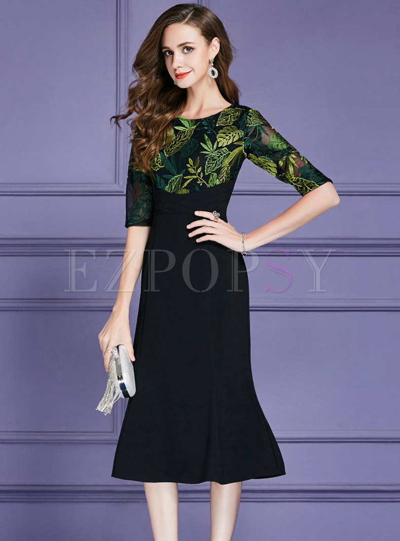 Fashion Color-block Embroidered Stitching Mermaid Dress