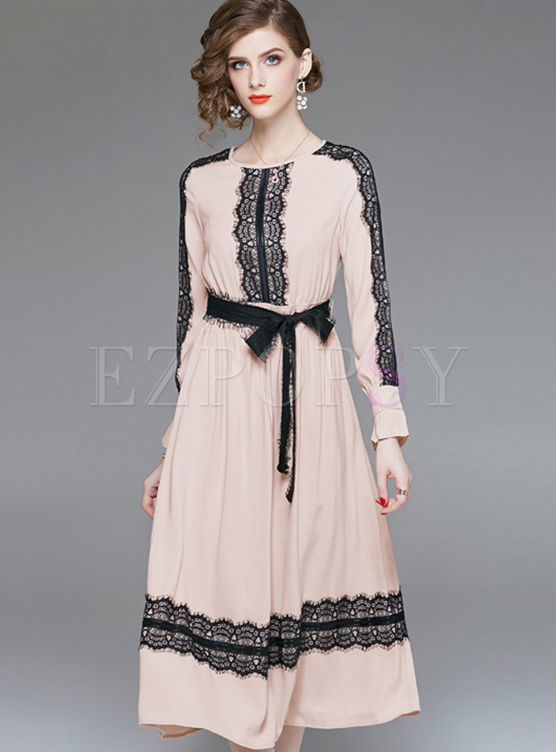 Autumn Long Sleeve Waist Lace Patchwork Maxi Dress
