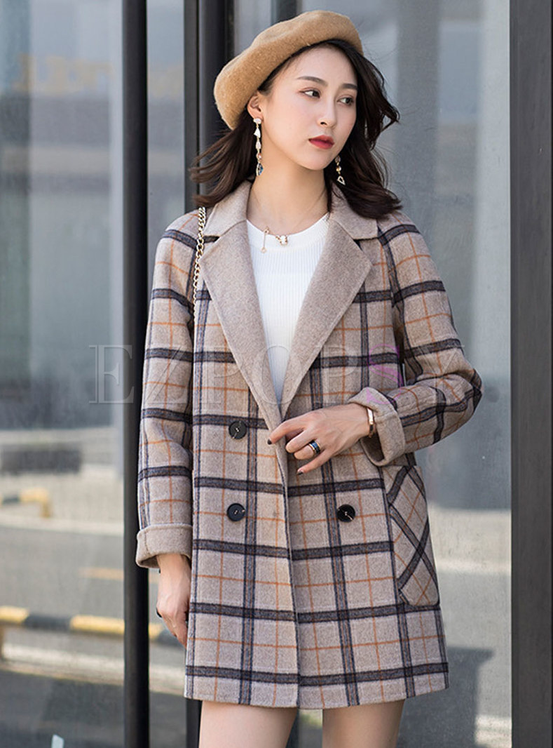 Grid Turn Down Collar Double-breasted Straight Coat