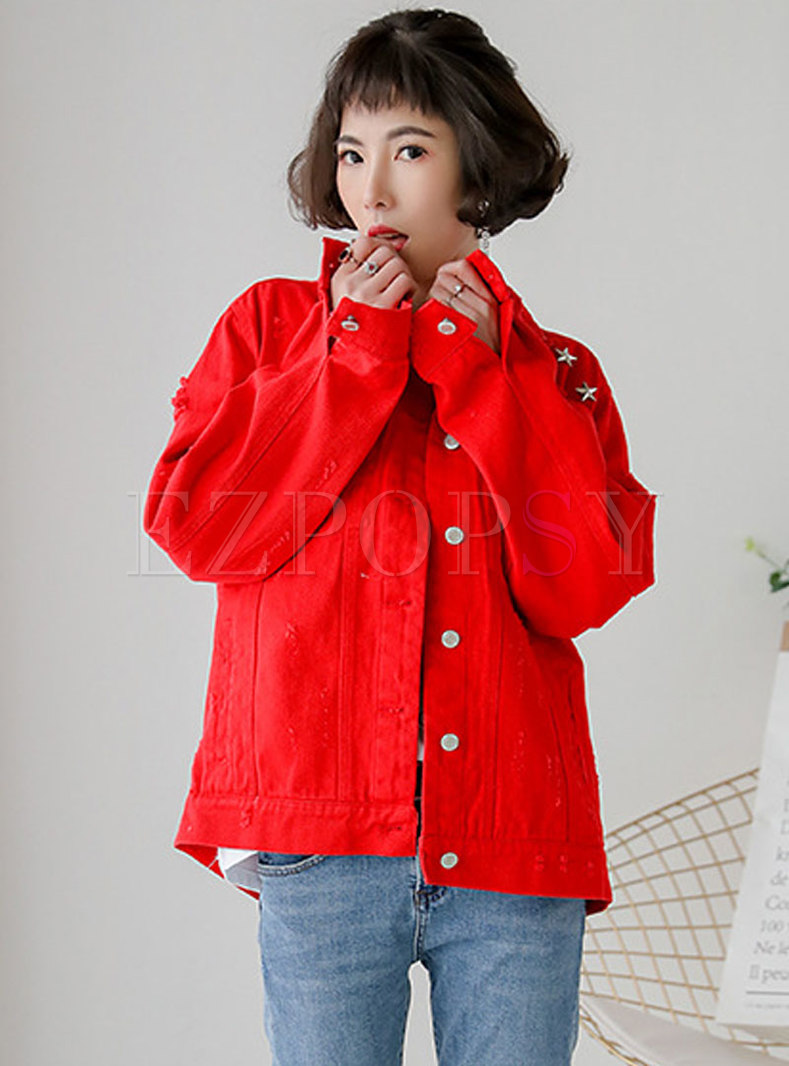 Casual Red Rivet Holes Single-breasted Jacket