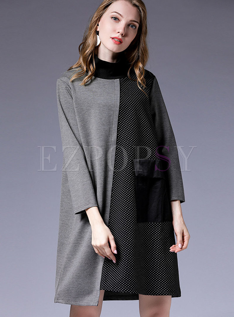 Stylish Plus Size Color-block Stitching Stand Collar Dress