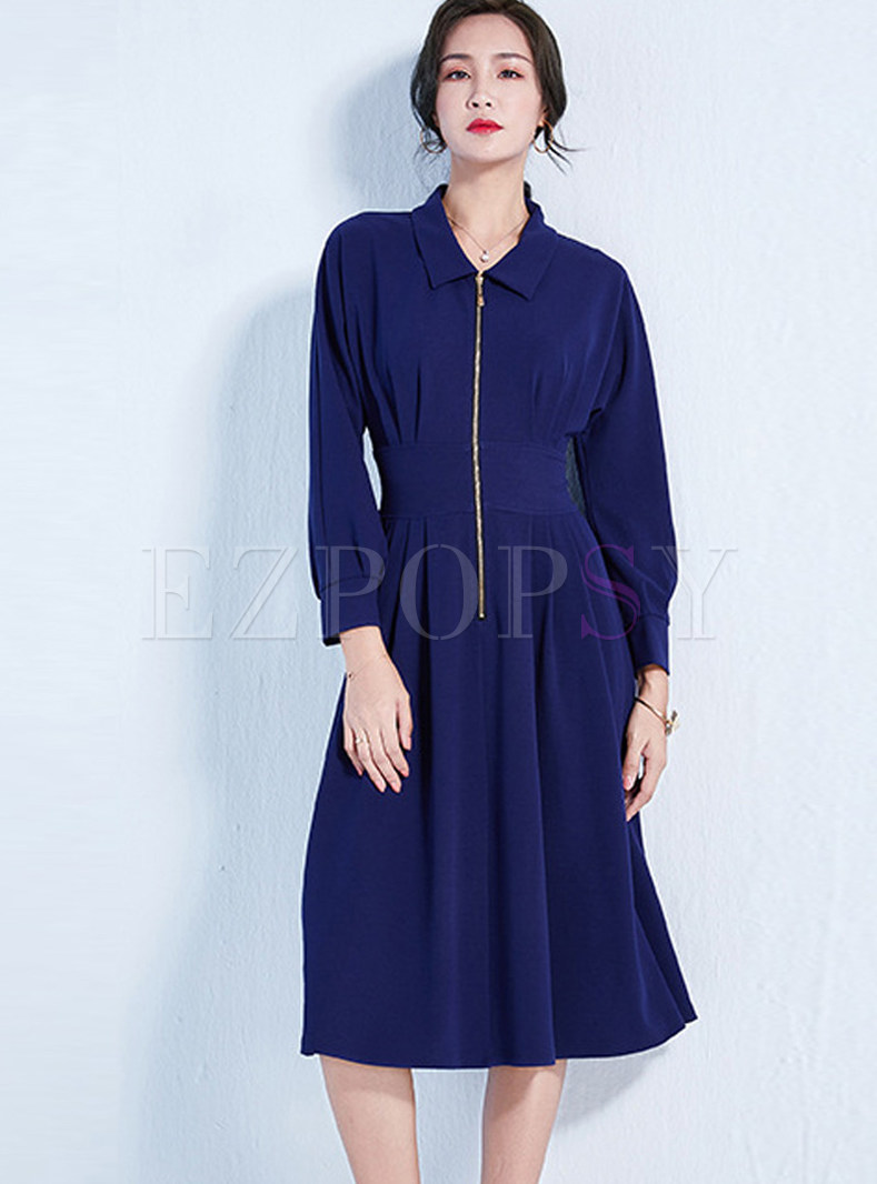 Solid Color Turn Down Collar Waist A Line Dress