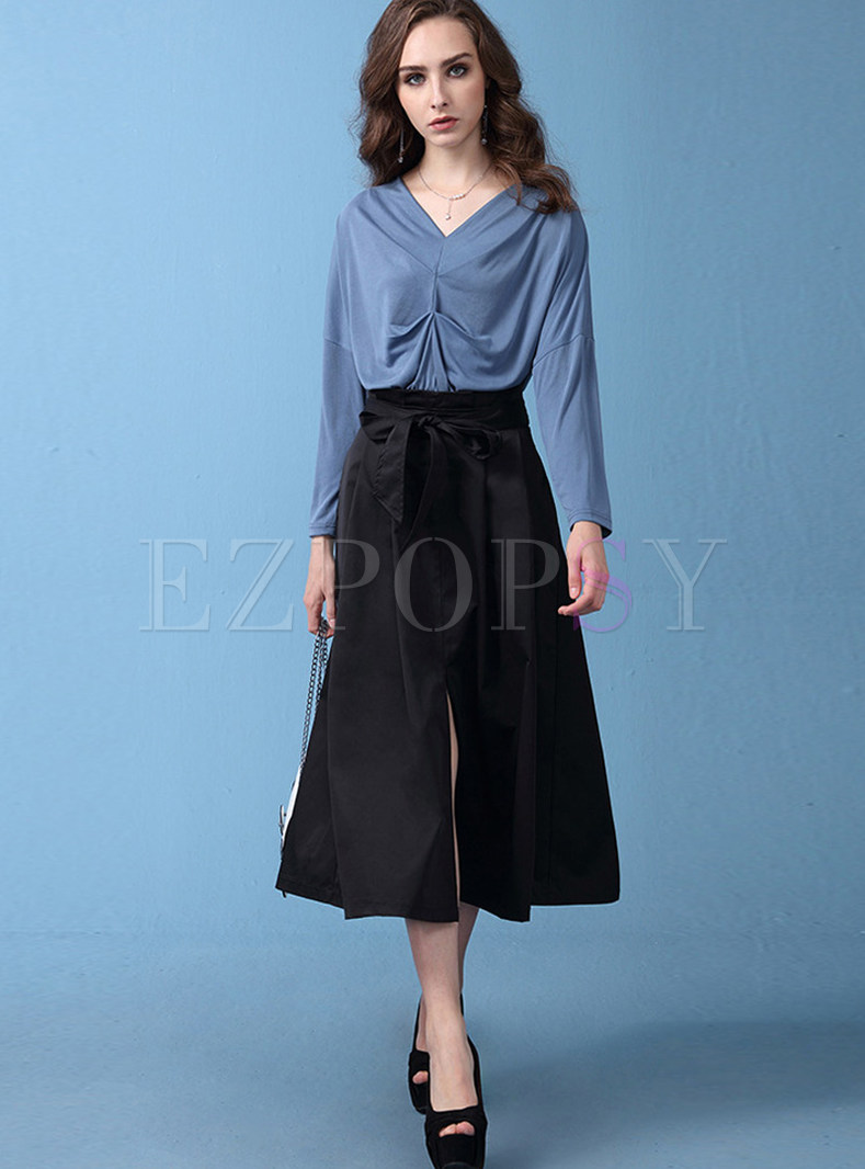 Pure Color V-neck Waist Top & Tie-waist Big Hem Skirt
