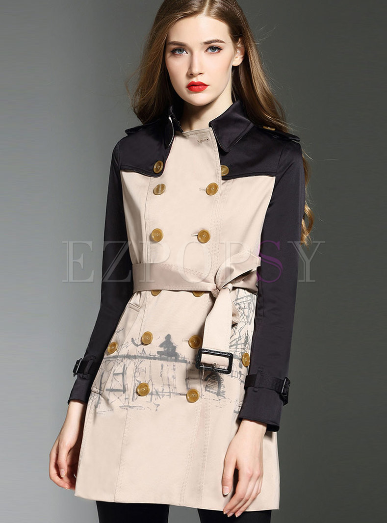 Color-blocked Print Belted Double-breasted Trench Coat