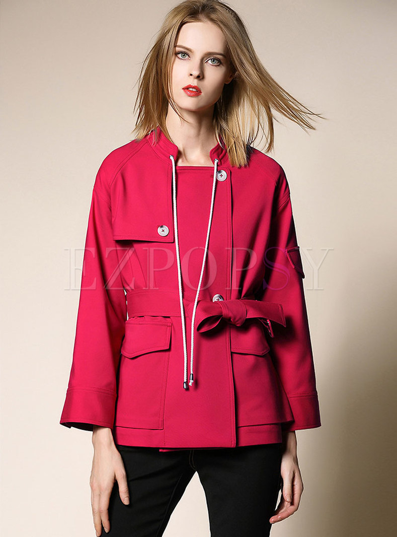 Pure Color Stand Collar Belted Slim Short Trench Coat