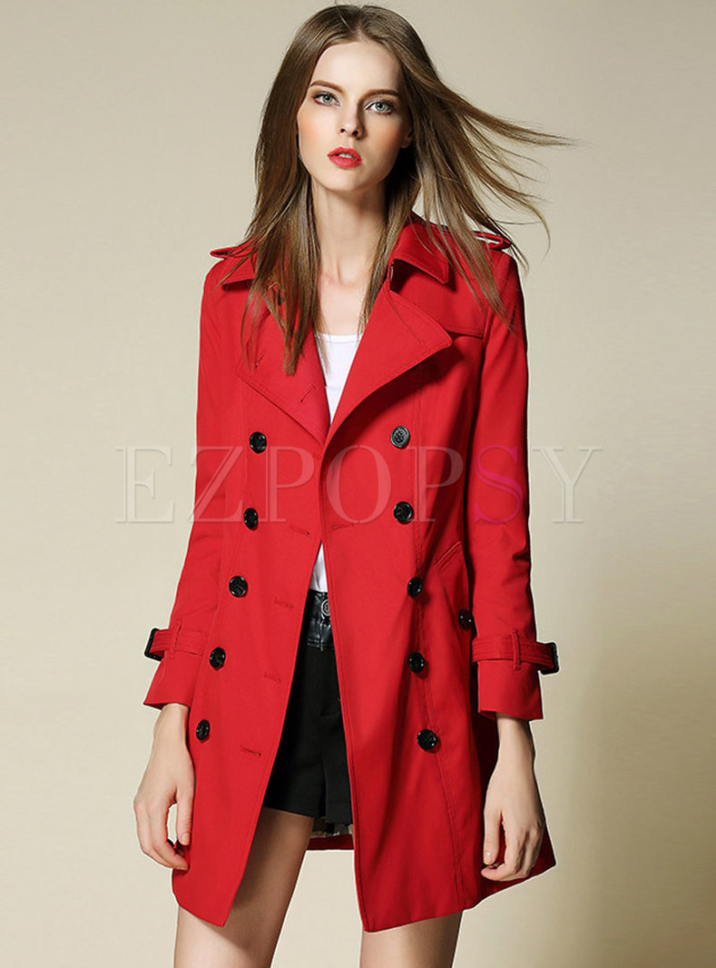 Pure Color Turn Down Collar Belted Slim Trench Coat