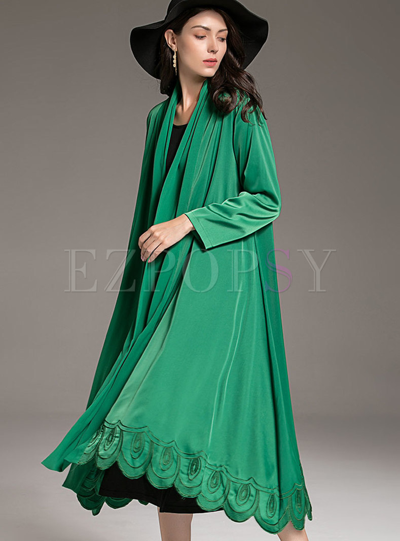Elegant Green Embroidered Cardigan Trench Coat