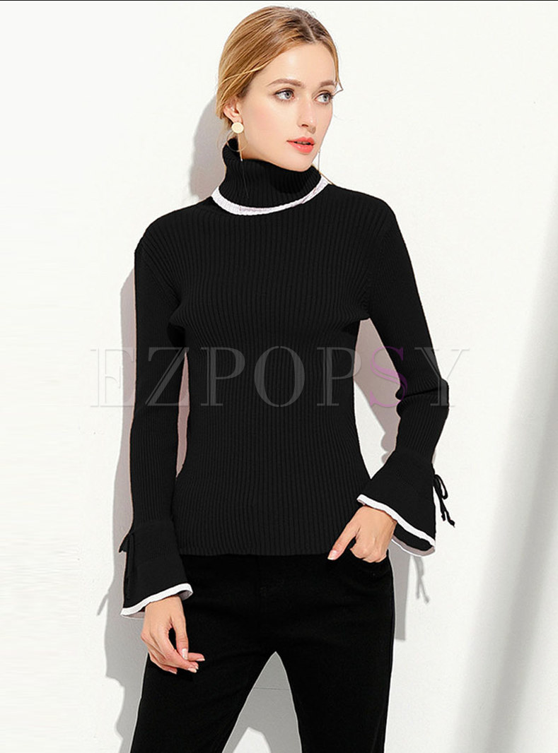 Color-blocked High Neck Flare Sleeve Slim Knitted Sweater