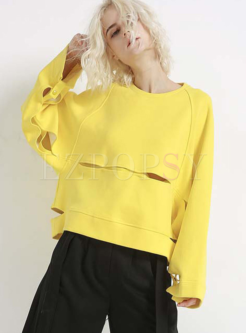 Yellow Long Sleeve Pullover Loose Sweatshirt