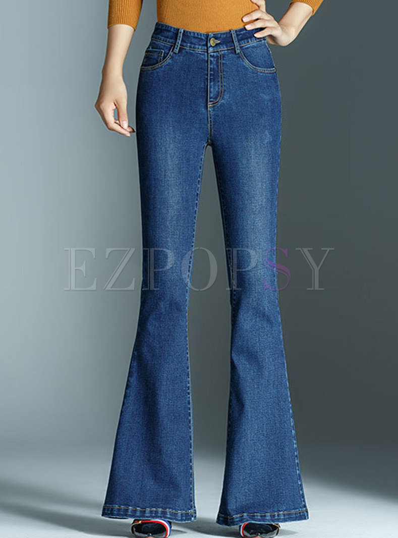 Pants | Pants | Blue Denim High Waist Elastic Flare Pants