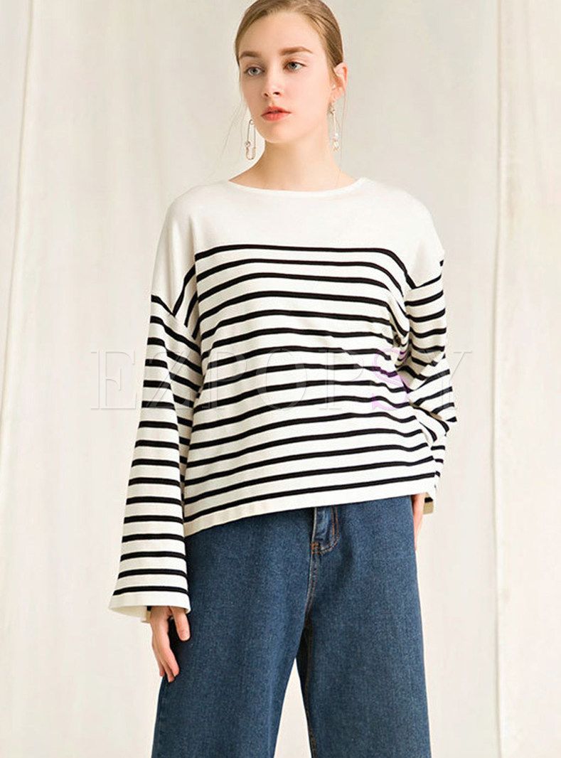 Trendy O-neck Pullover Stitching Loose Striped Sweater