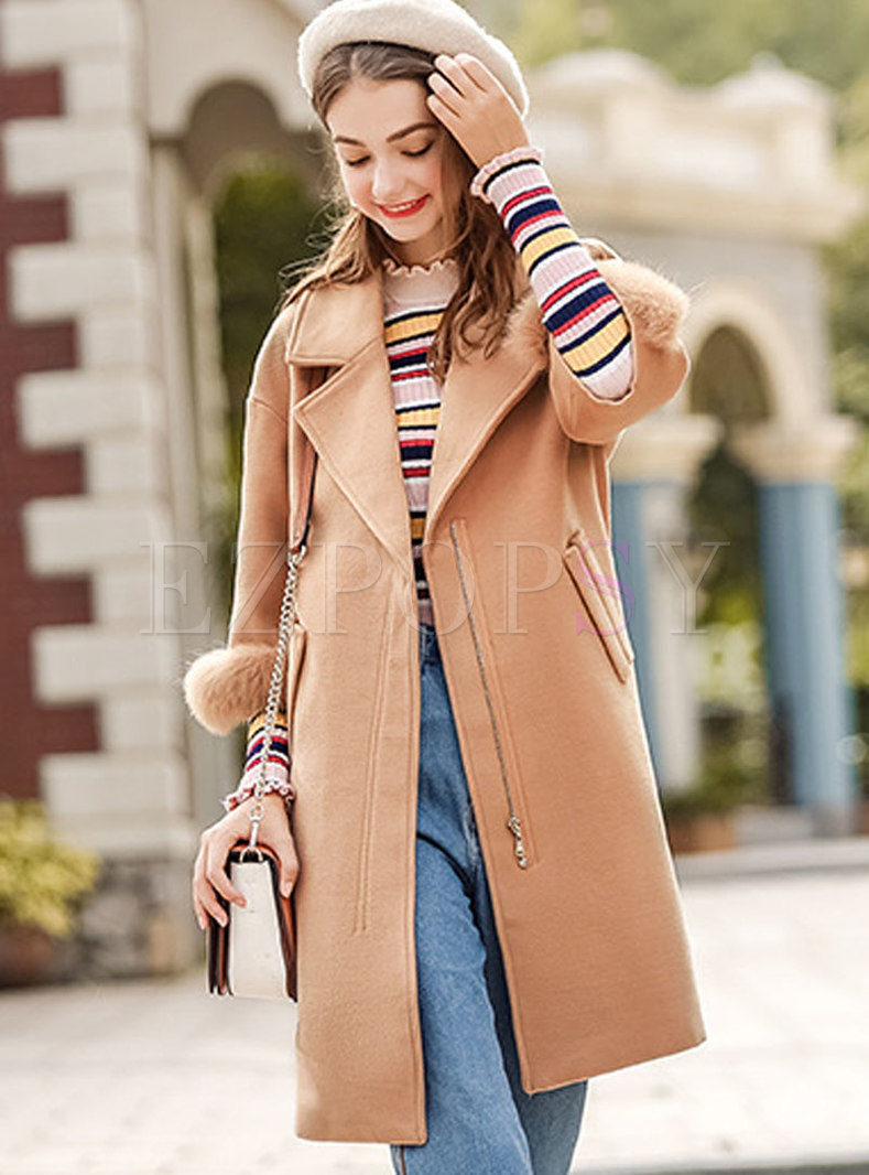 Elegant Solid Color Lapel Hairy Thicken Coat With Fox-fur 