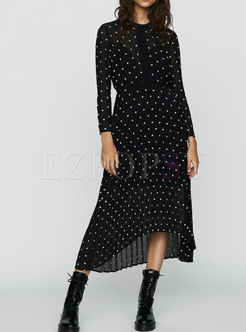 black polka dot asymmetric dress