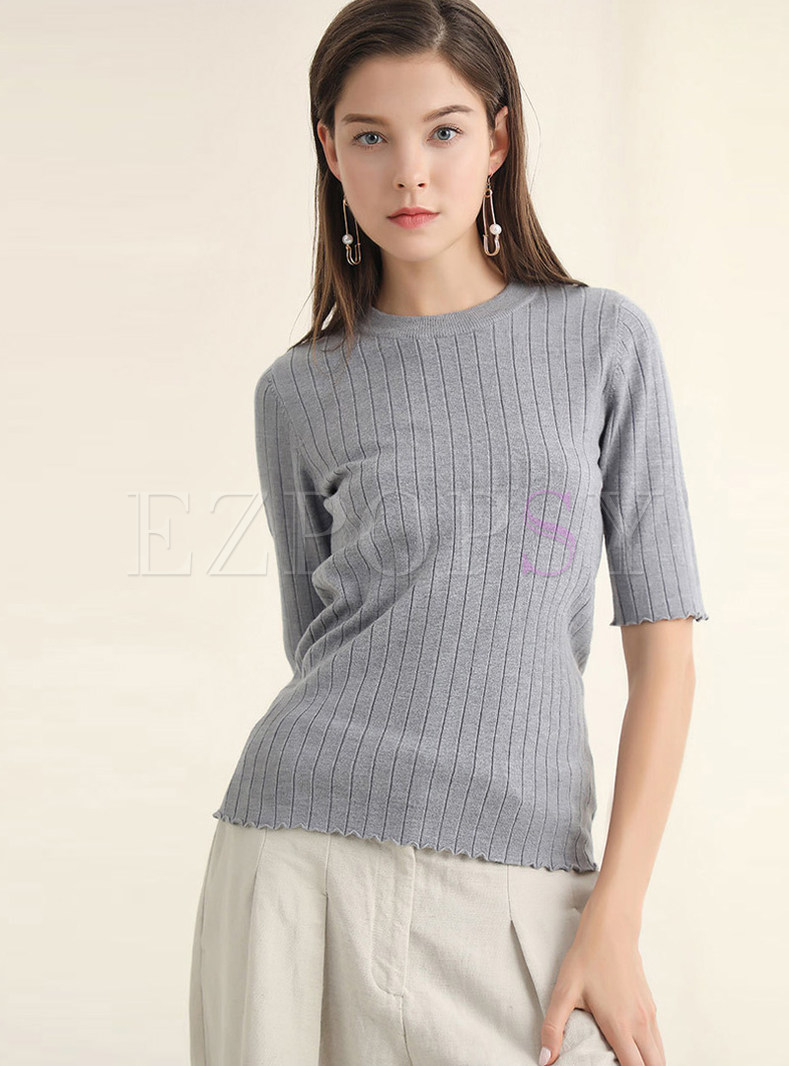 O-neck Half Sleeve Wave Selvedge Pullover Sweater