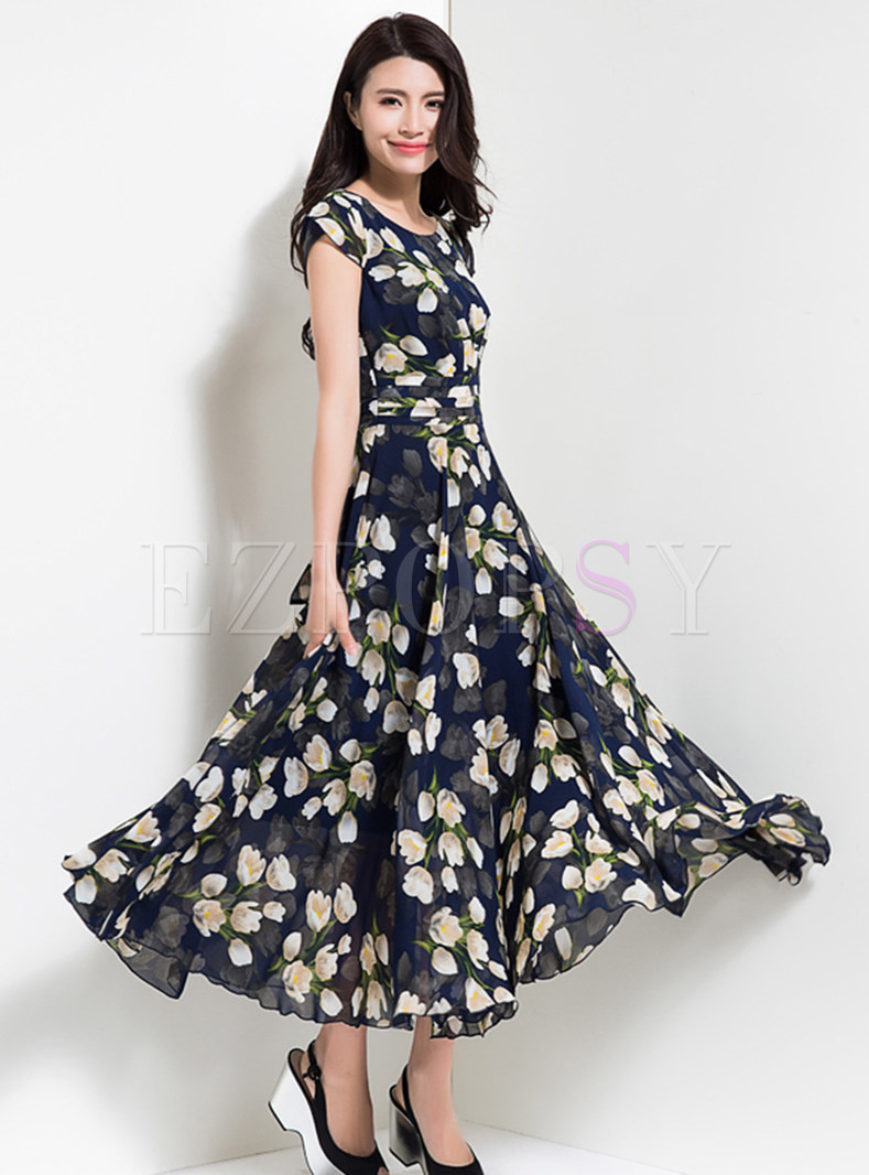 Dresses | Maxi Dresses | Crew Neck Print High Waisted Maxi Dress