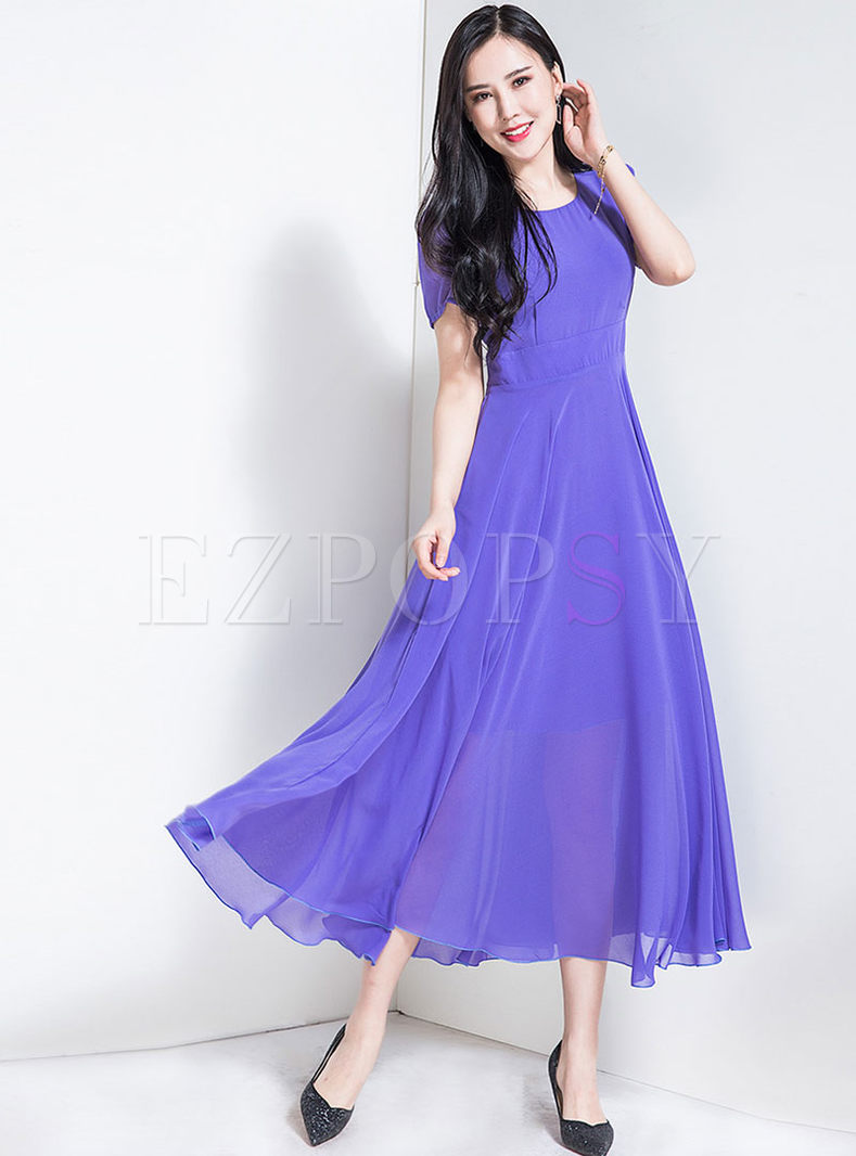 Purple O-neck Big Hem Slim Maxi Dress
