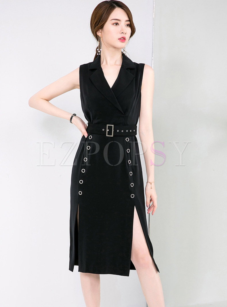 Stylish Solid Color Notched Skinny Dress