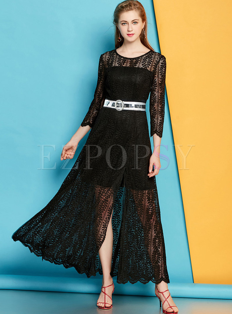 Sexy O-neck Hollow Out Lace Maxi Dress