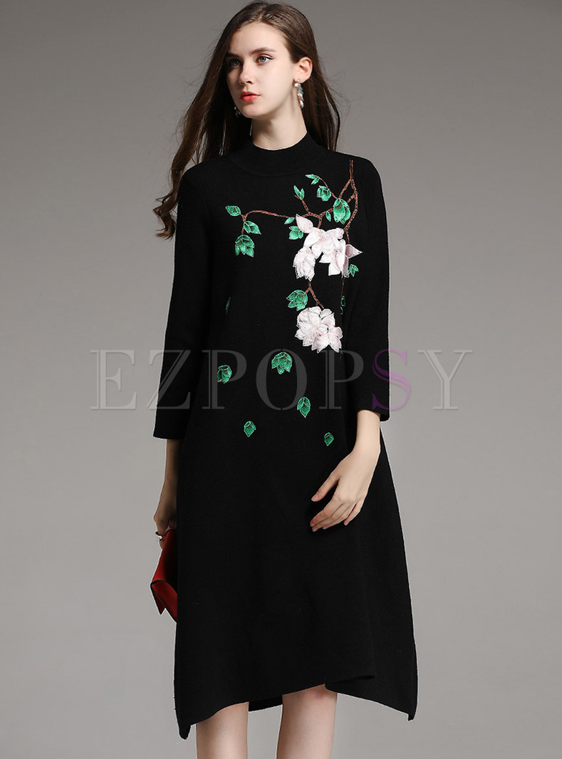 Fashionable Stand Collar Three Quarters Sleeve Embroidered Dress