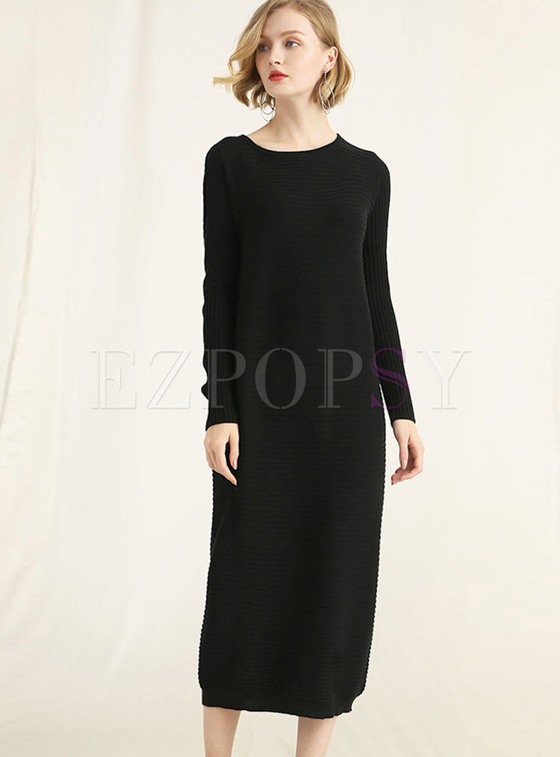 O-neck Solid Color Striped Loose Knitted Dress