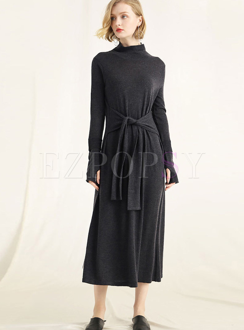 Standing Collar Tie-waist Pullover Knitted Dress