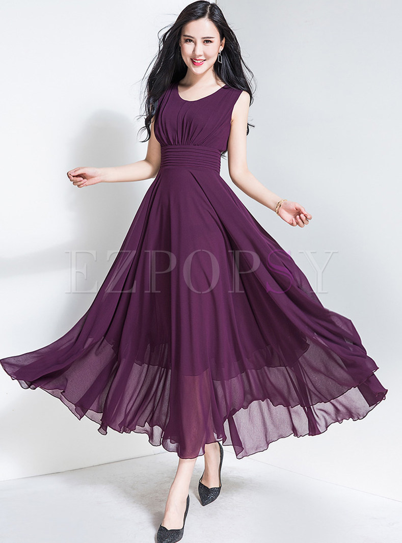 Purple Elegant High Waist Sleeveless Maxi Dress