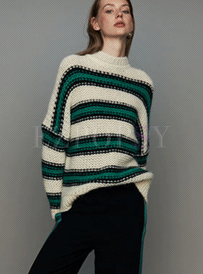 O-neck Long Sleeve Color-blocked Striped Sweater