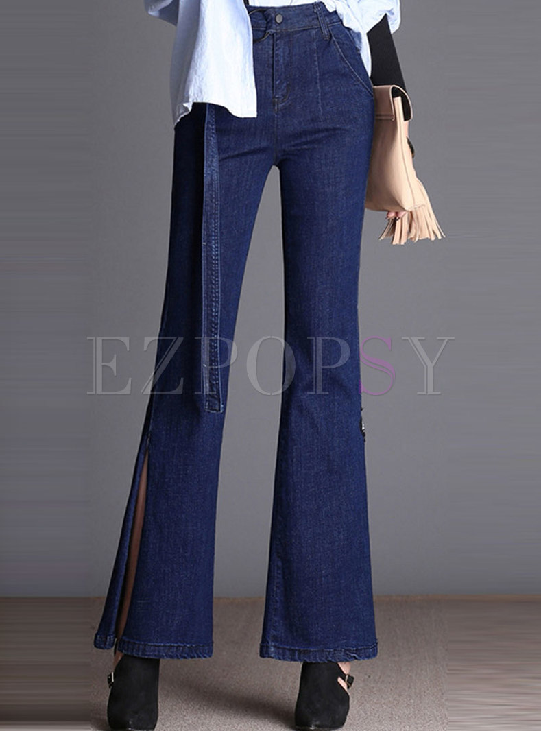 Solid Color Elastic Belted Side-slit Flare Pants