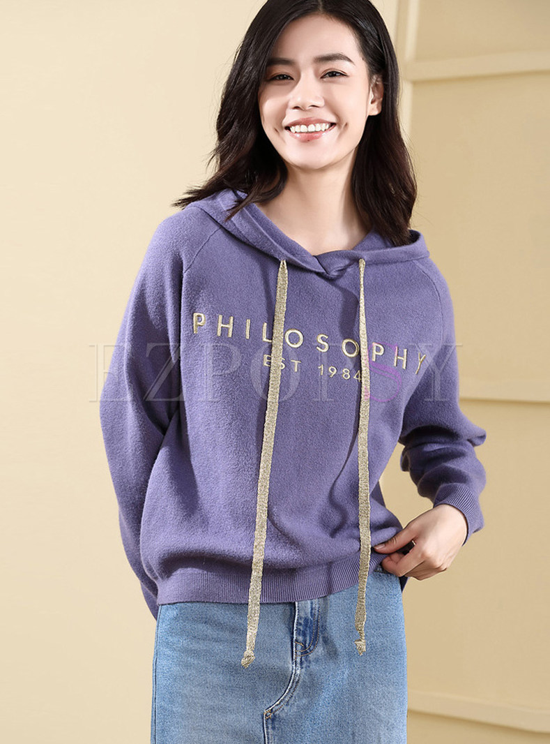 Hooded Drawstring Pullover Knitted Sweatshirt