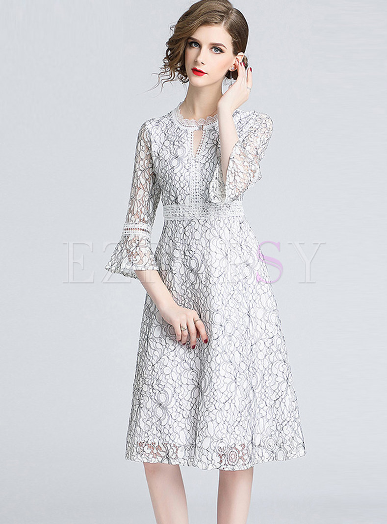 O-neck Hollow Out Flare Sleeve A Line Dress