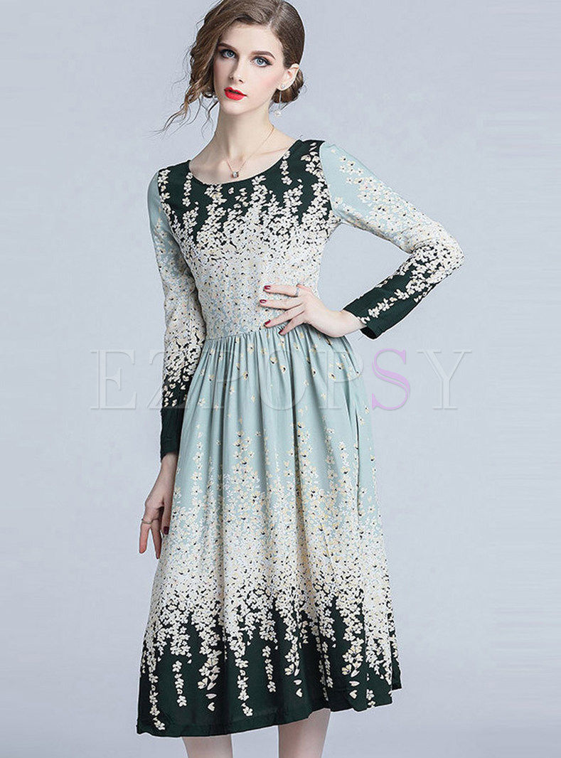 Long Sleeve Floral Gradient Color Waist Dress