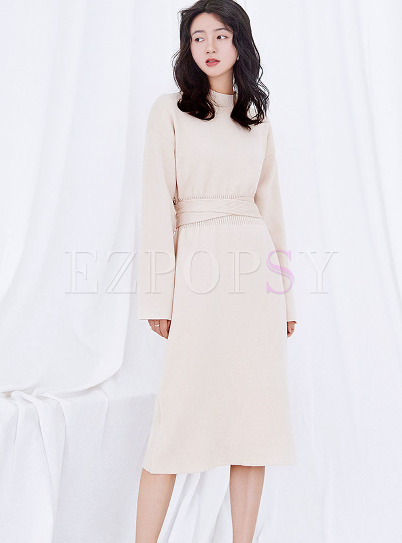 Solid Color Stand Collar Gathered Waist Slim Knitted Dress