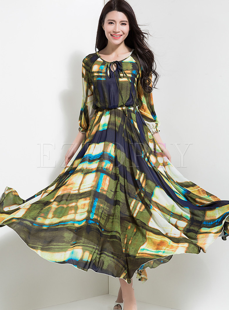 Dresses | Maxi Dresses | Vintage Multicolor Print Elastic Waist Maxi Dress