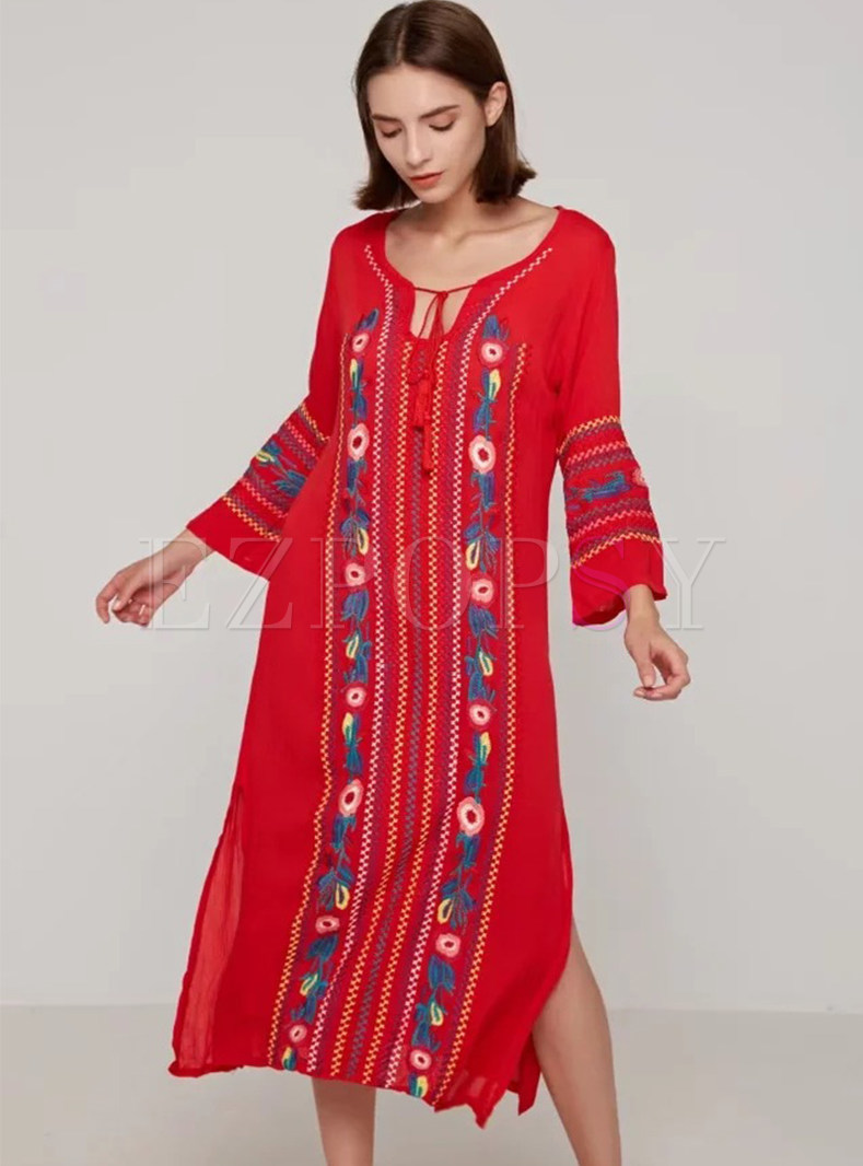 Red Embroidery Loose Sleeve Split Shift Dress