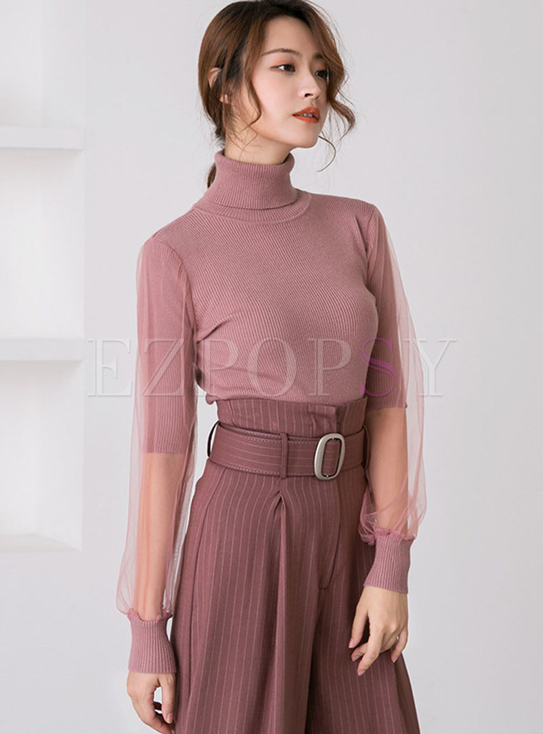 Pure Color Mesh Splicing High Neck Knitted Sweater
