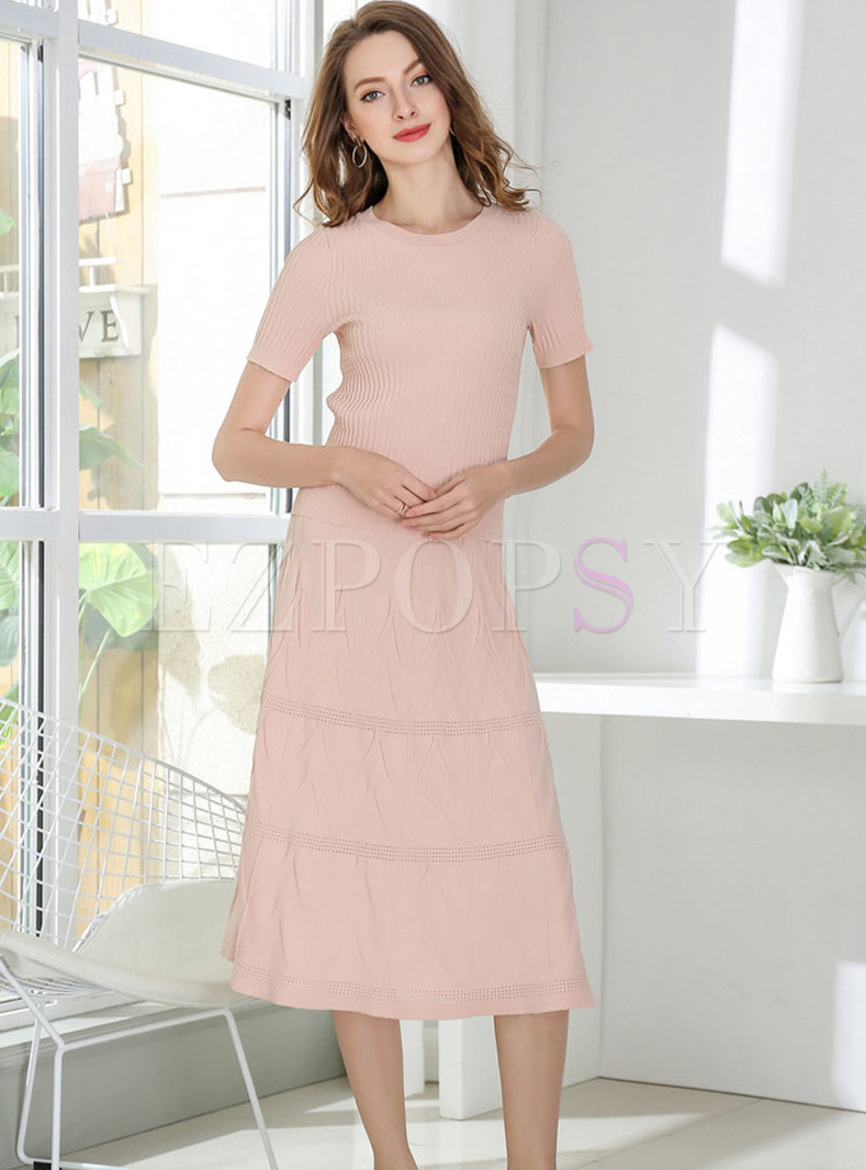 Brief Pink Short Sleeve Knitted T-Shirt & Stylish Midi Skirt