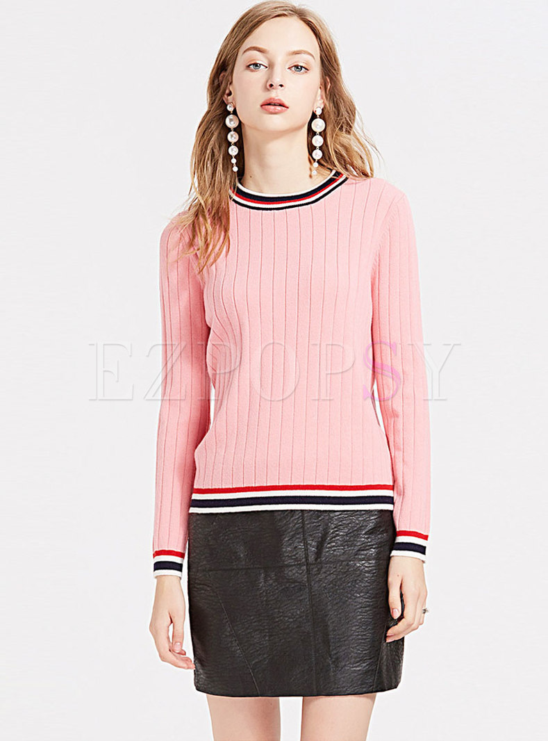 Sweet Striped O-neck Slim Knitted Sweater