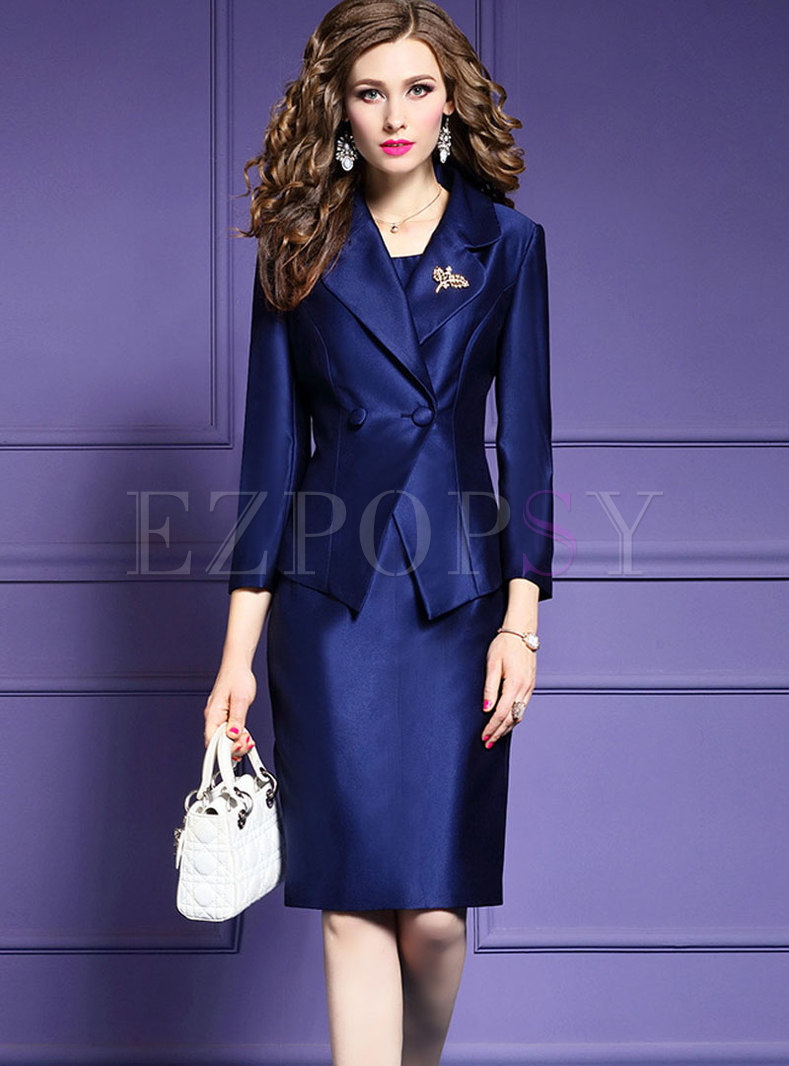 Fashion Blue Notched Blazer & Sleeveless Vest Midi Dress