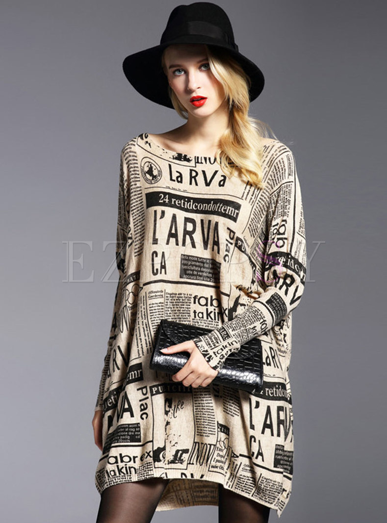 Print O-neck Bat Sleeve Loose Pullover Sweater