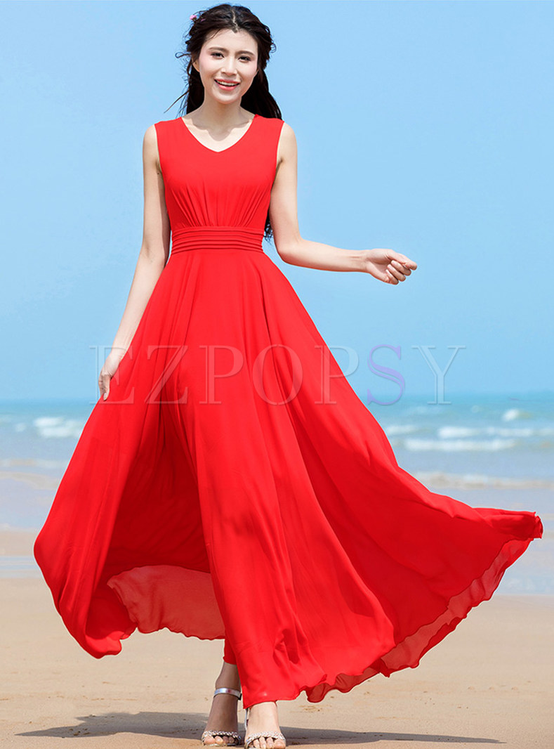 Red O-neck Sleeveless High Waisted Maxi Dress