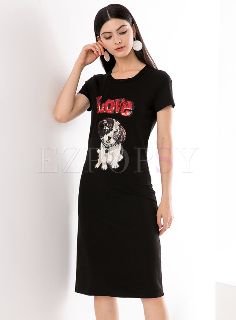 Black Cartoon Dog Short Sleeve T-shirt Dress