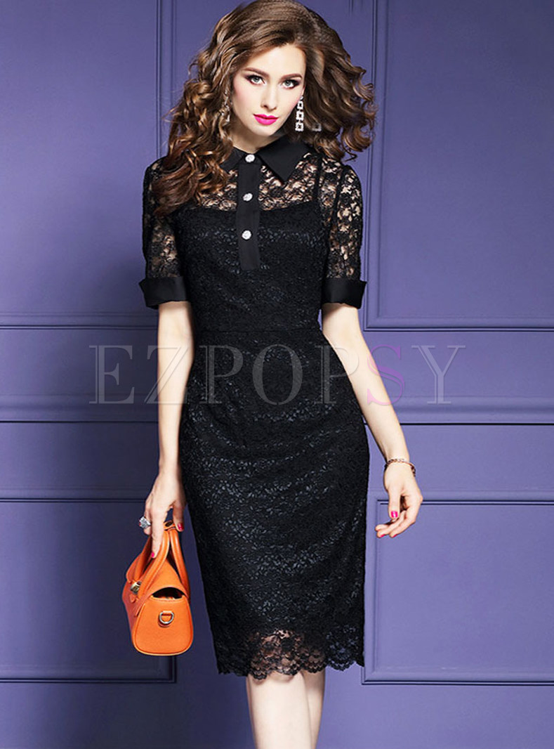 Sexy Black Gauze Lace Hollow Out Bodycon Dress
