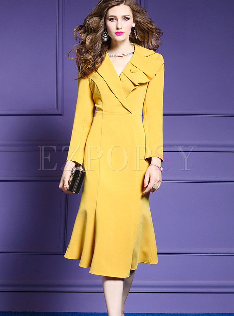 Chic Lemon Yellow V-neck Flouncing Skinny Zippered Dress