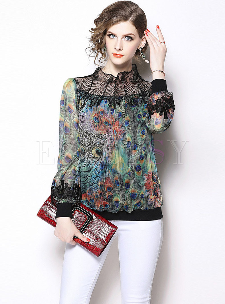Chic Lace Splicing Print Stand Collar Blouse