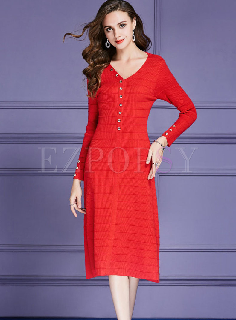 Fashion Red Stylish V-neck Buttoned Knitted Dress