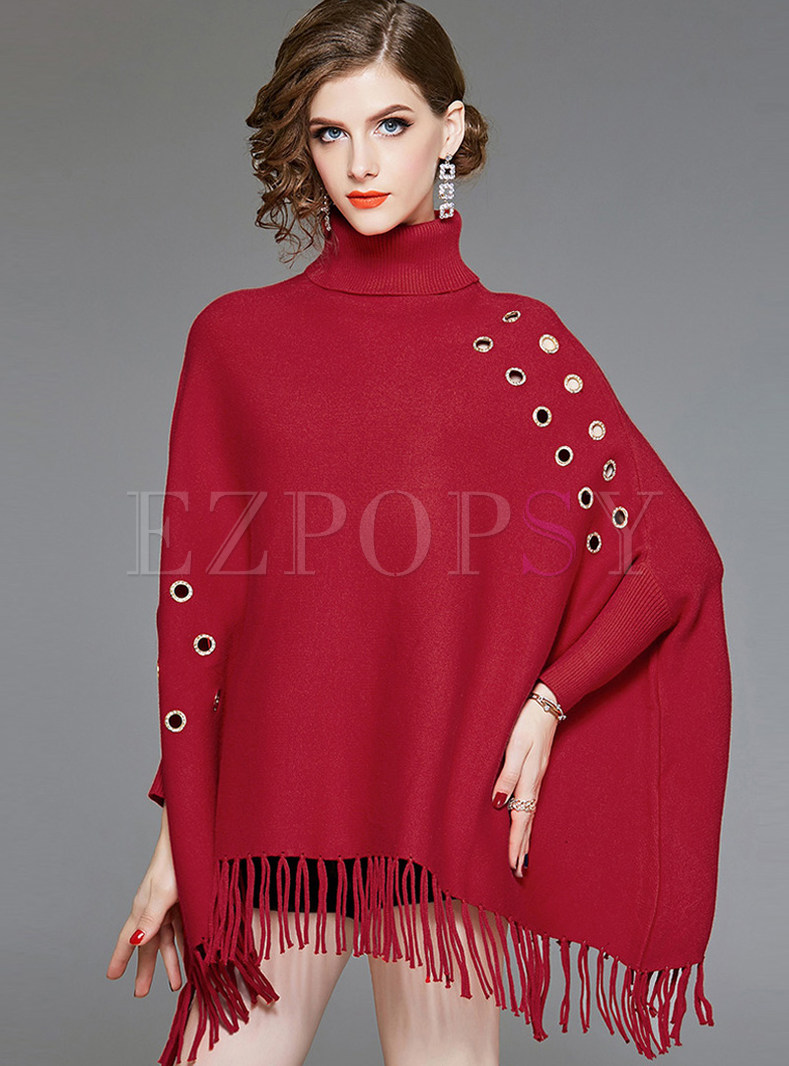 Stylish High Neck Bat Sleeve Hollow Out Sweater