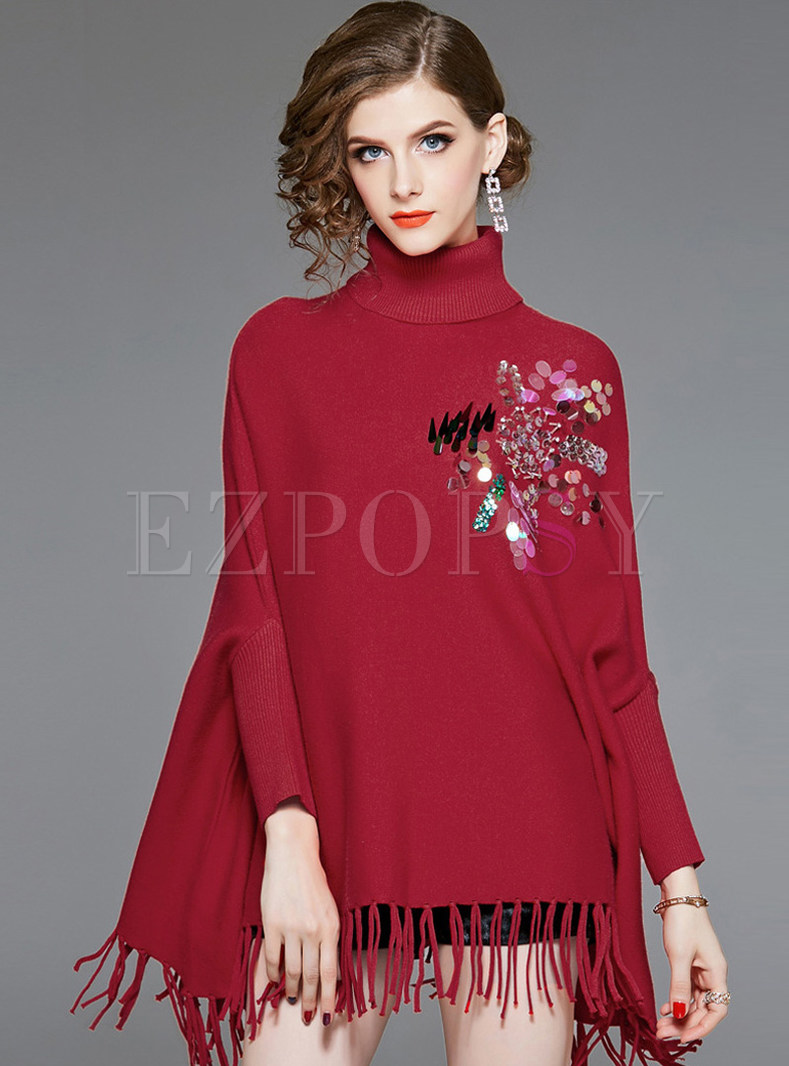 Fashion High Neck Bat Sleeve Sequined Sweater