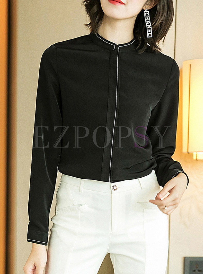 Standing Collar Long Sleeve Single-breasted Slim Blouse