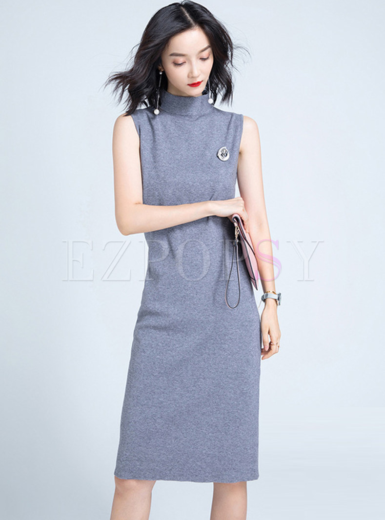 Solid Color Turtle Neck Sleeveless Knitted Dress