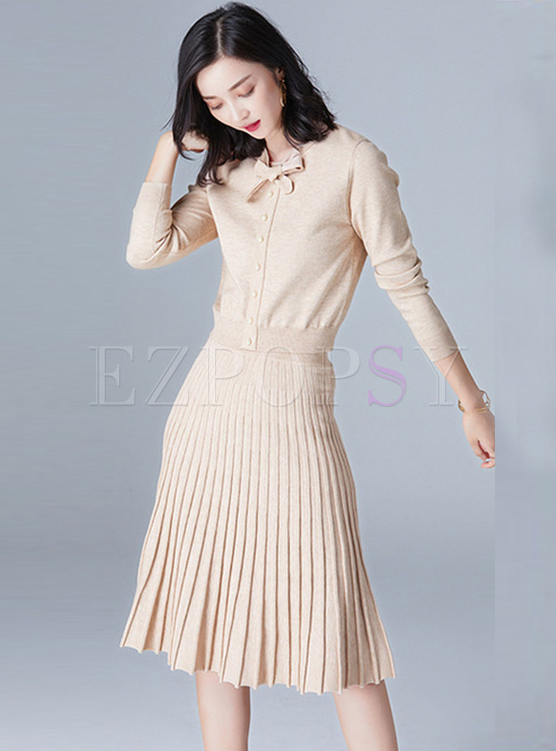 Elegant Single-breasted Bowknot Knitted Top & Pleated Skirt